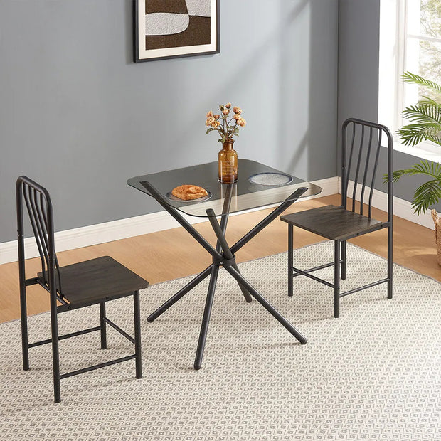 Dining Set For 2, Square Glass Tempered Dining Table With 4 Legs And 2 Metal Chair For Home Office Kitchen Dining Room, Black & Brown