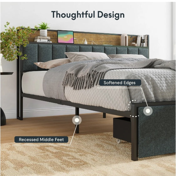 Full Bed Frame With Charging Station And LED Lights - Upholstered Headboard With Storage Shelves