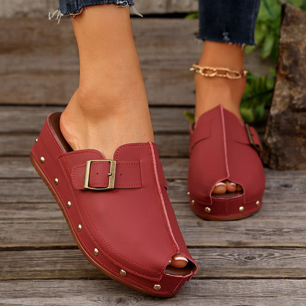 Summer Fish Mouth Wedges Sandals With Rivet Buckle Design Fashion Thick Bottom Slippers For Women Outdoor Non-slip Slides