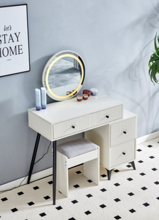 Fluted Makeup Vanity Desk With Round LED Mirror And Lights, Modern Glass Top Big Vanity Table With 4 Drawers  Adjustable Shelves