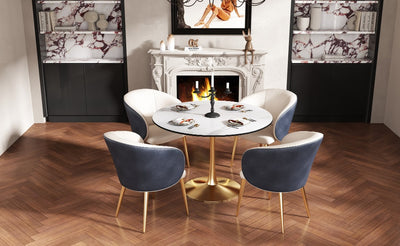 LIVING ROOM DINING TABLE-WHITE ROUND TABLE WITH GOLD LEGS 80CM IN DIAMETER.