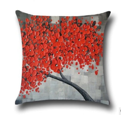 Three-dimensional Oil Painting Trees Flowers Cotton Cushion Cushion Pillowcase Car Waist Cushion Cover