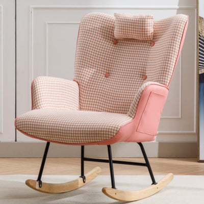 Soft Houndstooth Fabric Rocking Chair For The Baby Room, Comfortable Wingback Gliding Rocking Chair