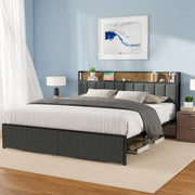 King-size Bed Frame With Charging Station And LED Lights - Upholstered Headboard With Storage Shelves