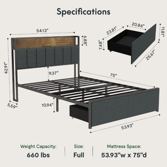 Full Bed Frame With Charging Station And LED Lights - Upholstered Headboard With Storage Shelves