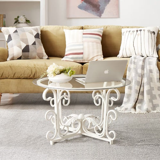 Round Tempered Glass Coffee Table,with Metal Leaf Shape Base,Leisure Cocktail Table With Tempered Glass Top For Living Room