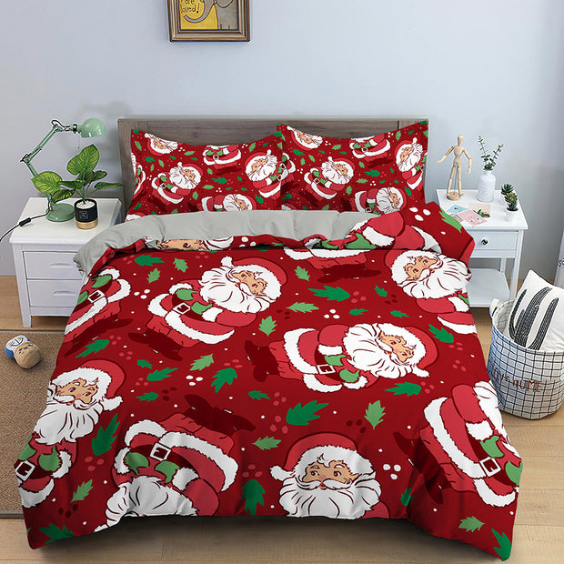 Red Cartoon Santa Claus Three-piece Digital Printing Bedspread