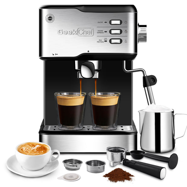 Geek Chef 20-Bar Espresso & Cappuccino Machine | Latte Maker with ESE POD Compatibility & Milk Frother | 950W, 1.5L Water Tank