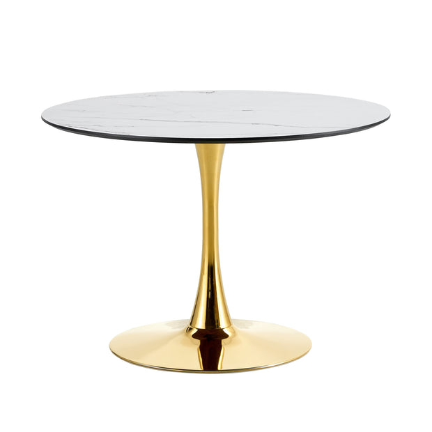 LIVING ROOM DINING TABLE-WHITE ROUND TABLE WITH GOLD LEGS 80CM IN DIAMETER.