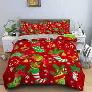 Red Cartoon Santa Claus Three-piece Digital Printing Bedspread