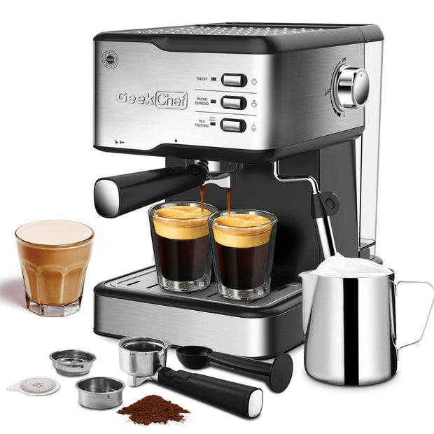 Geek Chef 20-Bar Espresso & Cappuccino Machine | Latte Maker with ESE POD Compatibility & Milk Frother | 950W, 1.5L Water Tank