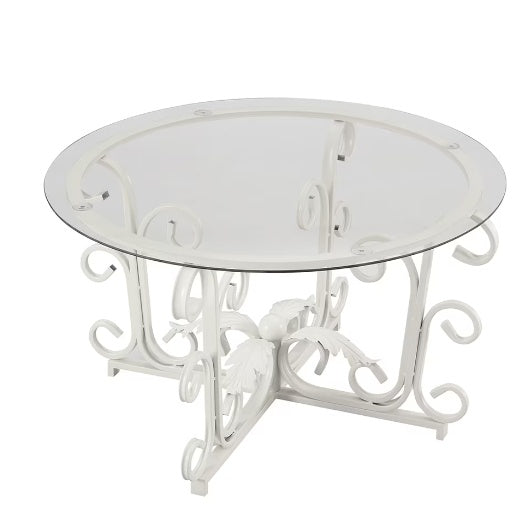 Round Tempered Glass Coffee Table,with Metal Leaf Shape Base,Leisure Cocktail Table With Tempered Glass Top For Living Room