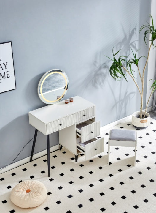 Fluted Makeup Vanity Desk With Round LED Mirror And Lights, Modern Glass Top Big Vanity Table With 4 Drawers  Adjustable Shelves