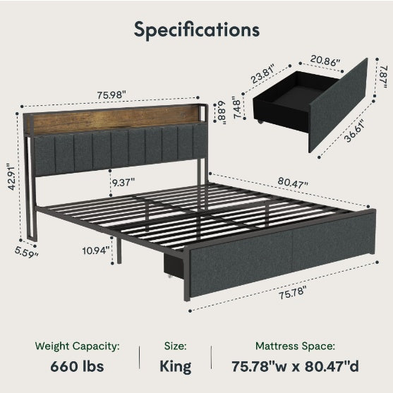 King-size Bed Frame With Charging Station And LED Lights - Upholstered Headboard With Storage Shelves