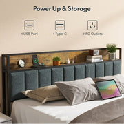 Full Bed Frame With Charging Station And LED Lights - Upholstered Headboard With Storage Shelves