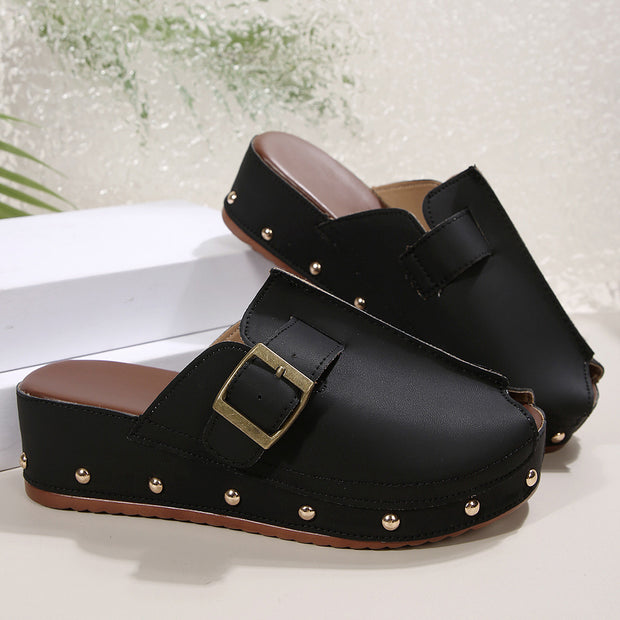 Summer Fish Mouth Wedges Sandals With Rivet Buckle Design Fashion Thick Bottom Slippers For Women Outdoor Non-slip Slides