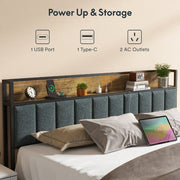 King-size Bed Frame With Charging Station And LED Lights - Upholstered Headboard With Storage Shelves